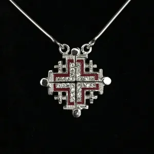 Two-Way Dark Red Magnetic Jerusalem Cross Necklace (White Gemstones)