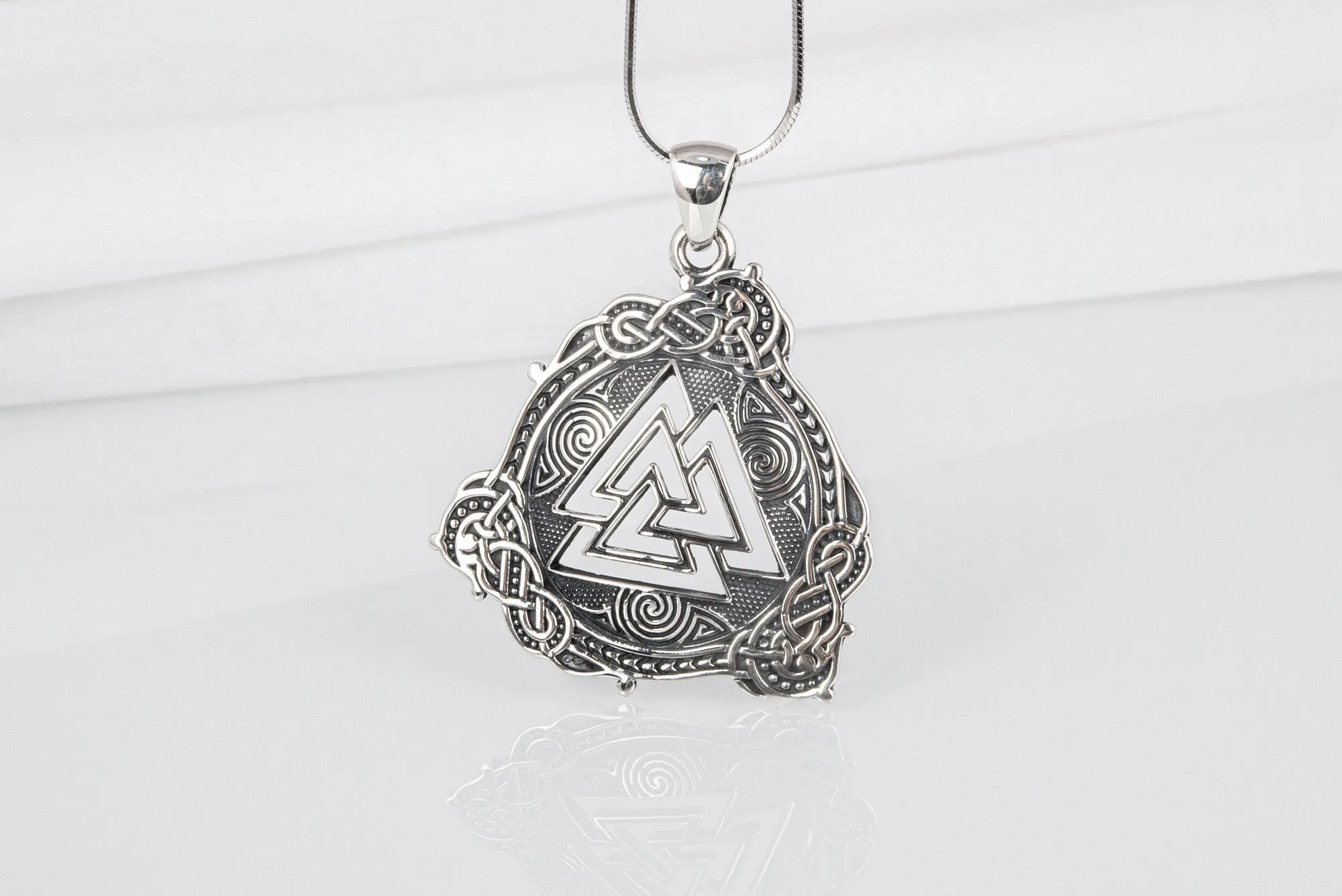 Unique Viking valknut pendant with ancient detailed ornament, handcrafted sterling silver jewelry