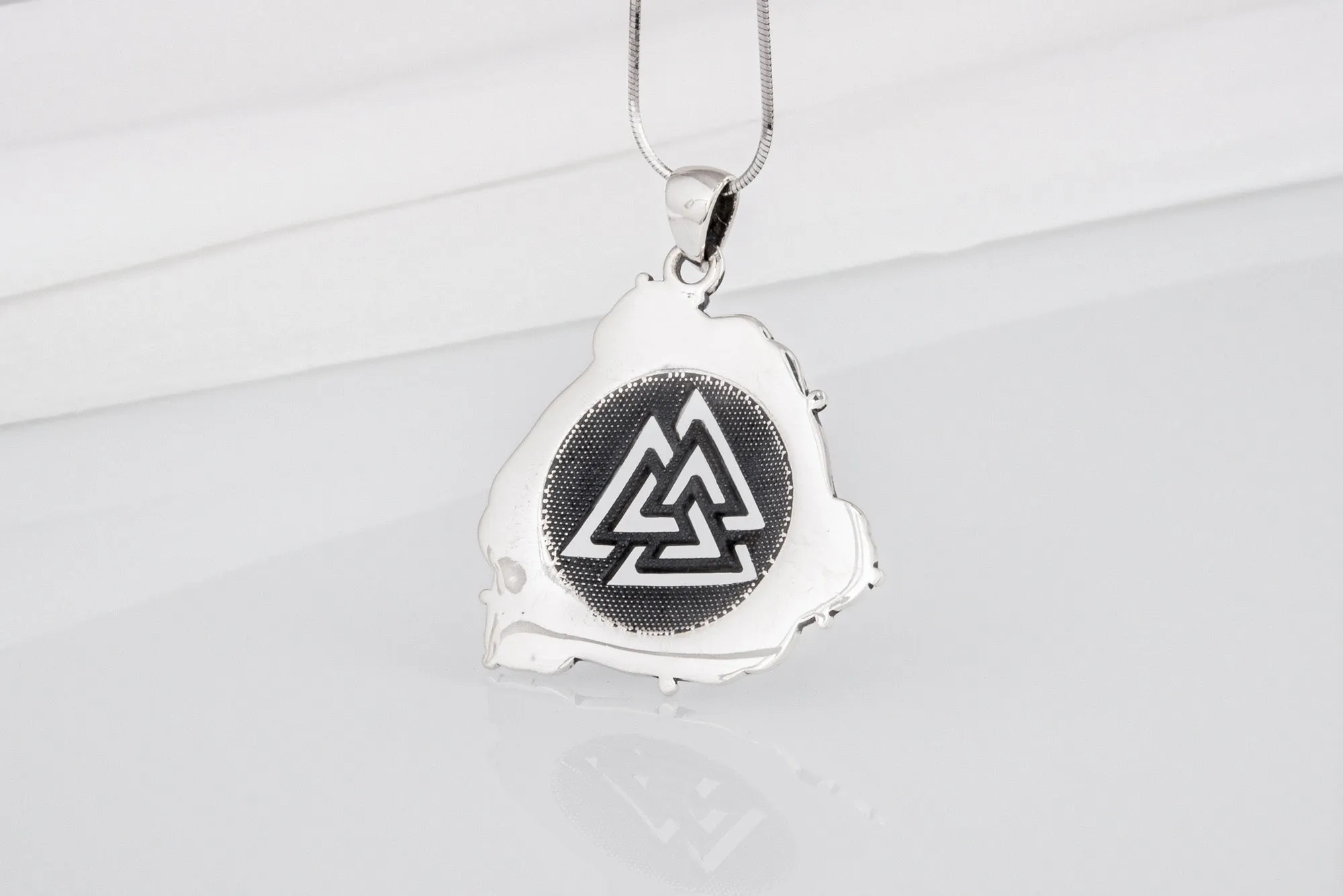 Unique Viking valknut pendant with ancient detailed ornament, handcrafted sterling silver jewelry
