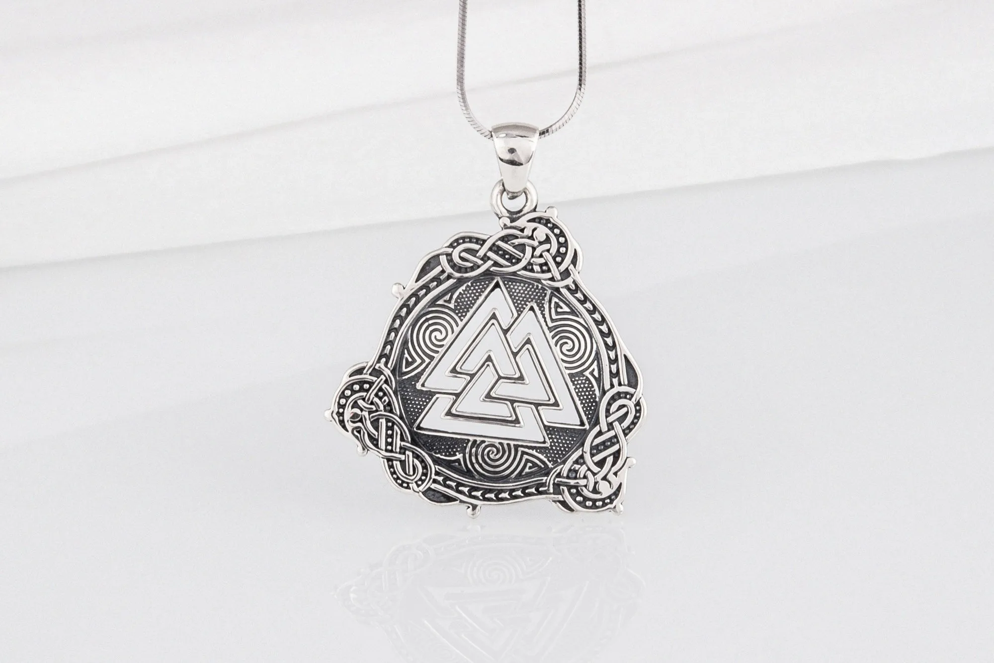 Unique Viking valknut pendant with ancient detailed ornament, handcrafted sterling silver jewelry