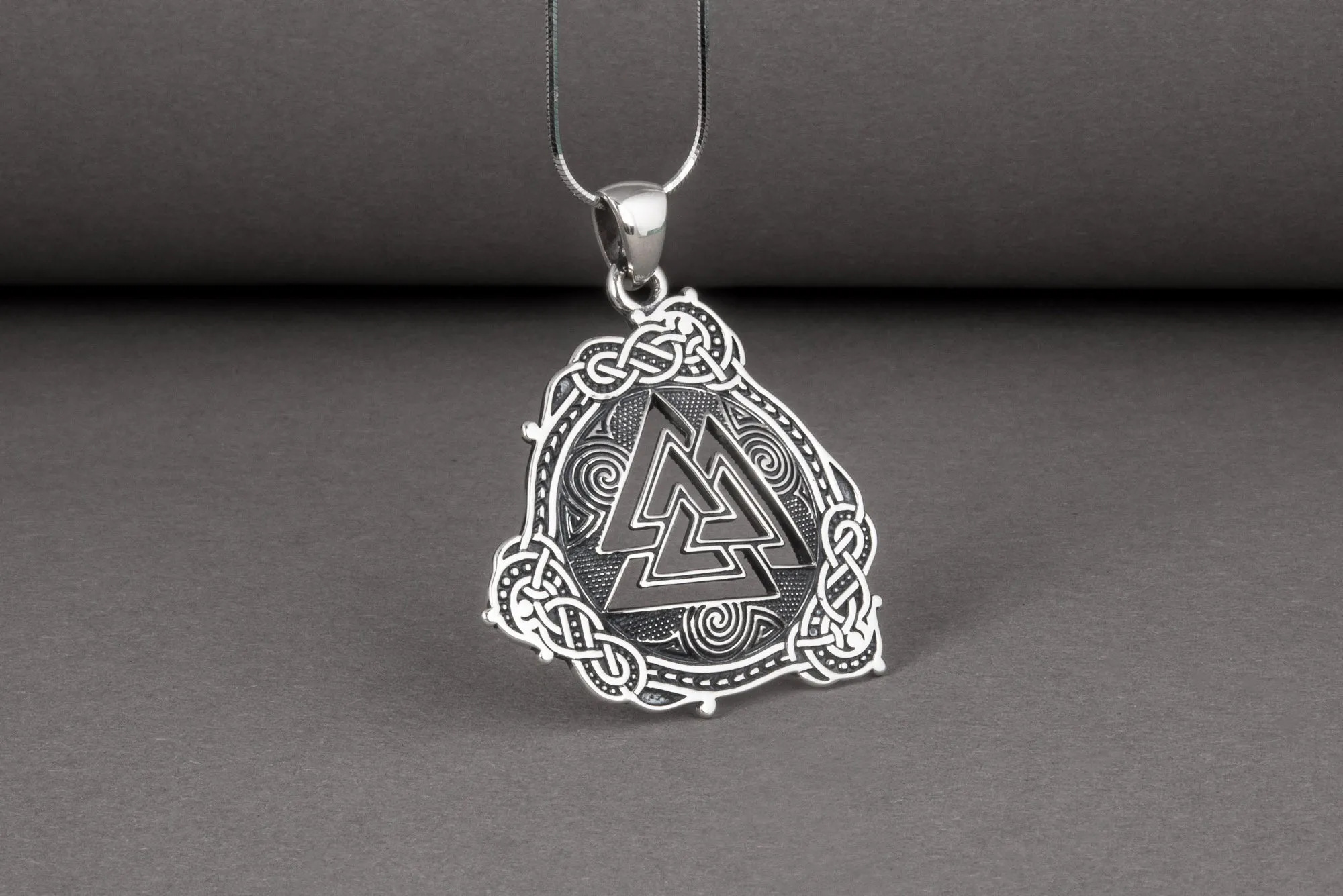 Unique Viking valknut pendant with ancient detailed ornament, handcrafted sterling silver jewelry