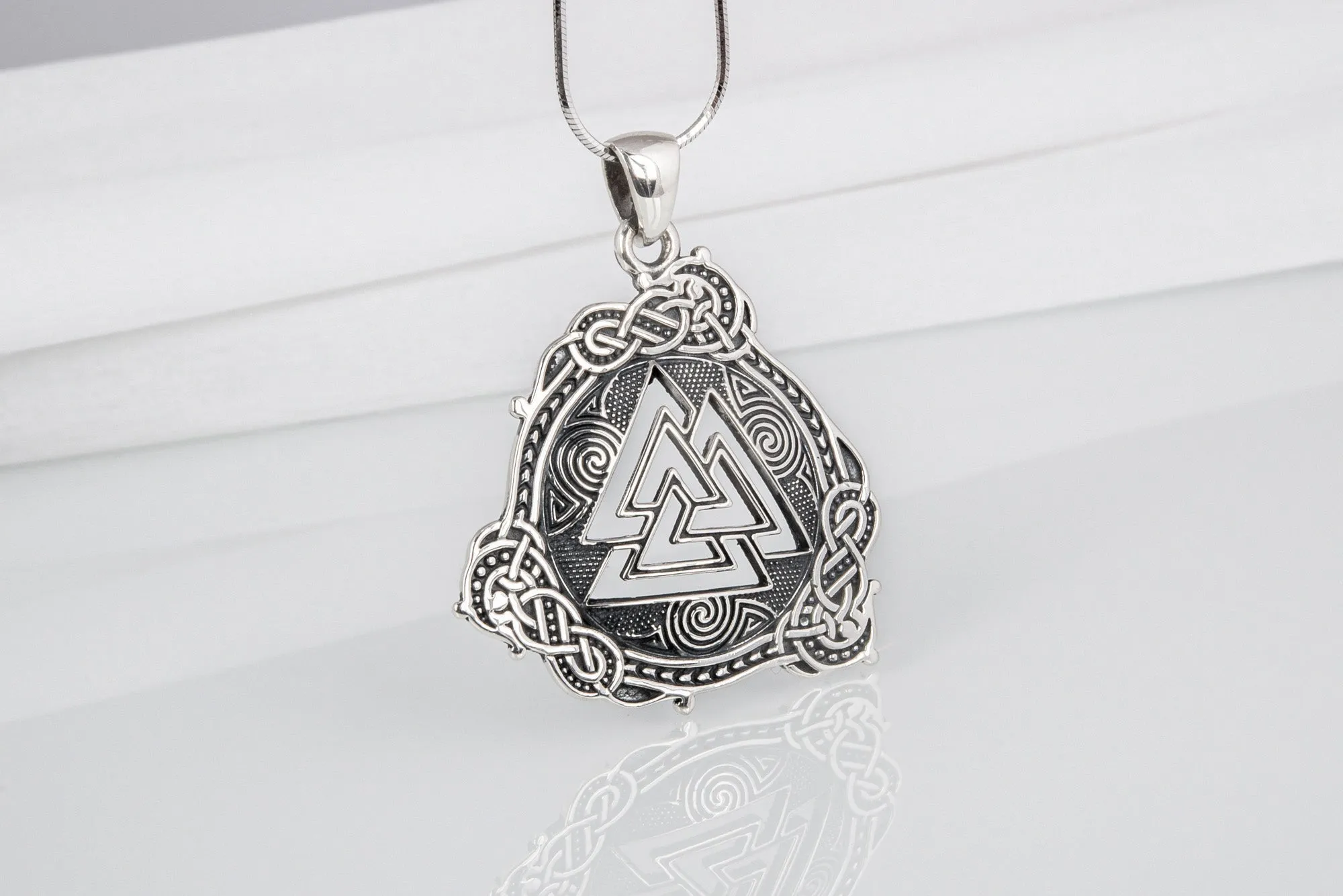 Unique Viking valknut pendant with ancient detailed ornament, handcrafted sterling silver jewelry