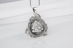 Unique Viking valknut pendant with ancient detailed ornament, handcrafted sterling silver jewelry