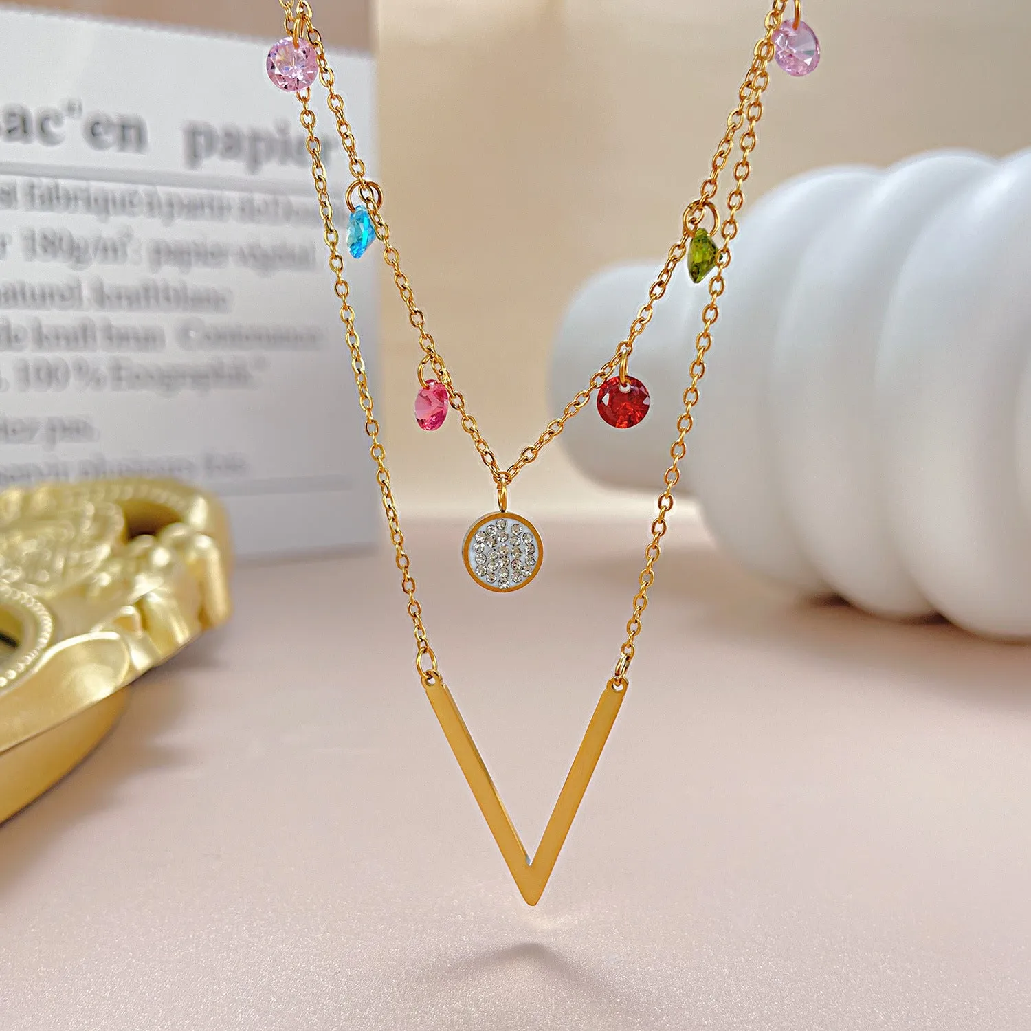 Wholesale Colorful Zircon Double Layer Titanium Steel Necklace