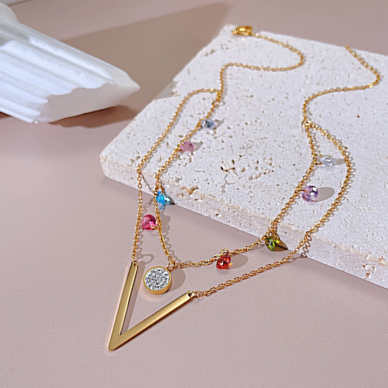 Wholesale Colorful Zircon Double Layer Titanium Steel Necklace